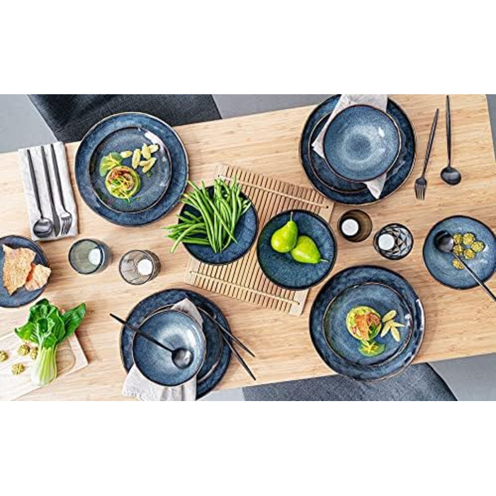 СПІВАЧКА Тарілка для пасти Токіо 4 шт., Тарілка для спагетті 4 персони, Набір посуду з кераміки Макарони, Тарілка з локшиною Можна мити в посудомийній машині, Миска для макаронів ручної роботи, Миска для макаронів синьо-чорна з коричневими вставками Набір