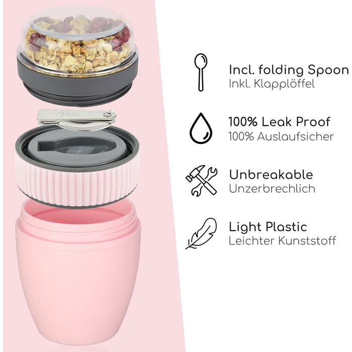 Стаканчик для пластівців Milu 400 мл з назвою MsliMax для йогурту герметичний стаканчик з ложкою (рожевий, пластиковий)