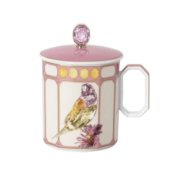 Кухоль з ручкою та кришкою 0,39 л Зяблик в рожевій рамці, IDYLLIA Swarovski x Rosenthal