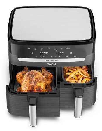 Tefal Мультипечь Dual EasyFry&Grill AirFryer, 2700Вт, чаша-5.2+3.1л, сенсорное управл., 2 чаши, гриль, пластик, черный