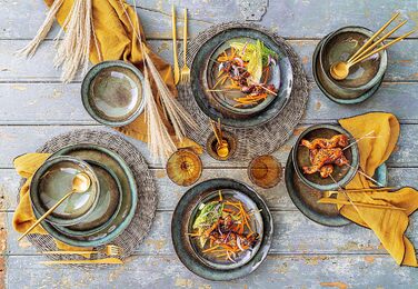 СПІВАЧКА Обідній сервіз Asti Stoneware, набір посуду з 12 предметів для 4 осіб, темний та унікальний дизайн, сучасний