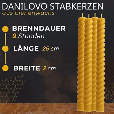 Набір з 4 конічних спіральних свічок 2 х 25 см з бджолиного воску, жовтий Danilovo
