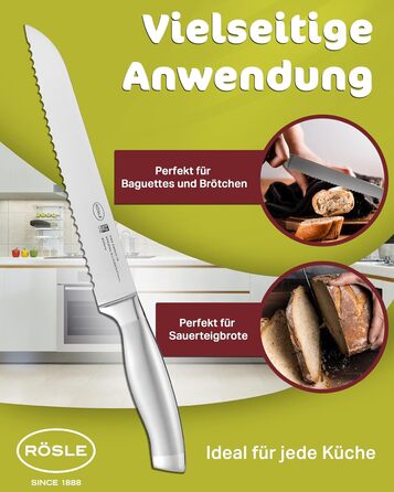 Високоякісний кухонний ніж 20 см для м&39яса, риби, птиці та овочів, нержавіюча сталь 18/10, ергономічна срібна ручка, гострий ніж для кухні (ніж для хліба)