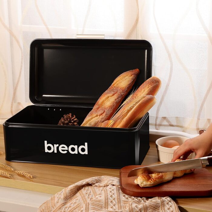 Хлібниця Herogo, Чорна хлібниця з відкидною кришкою, вінтажна металева коробка для зберігання Контейнер для хліба, тостів, печива, великої місткості та сучасного дизайну (42 x 22,5 x 16 см)