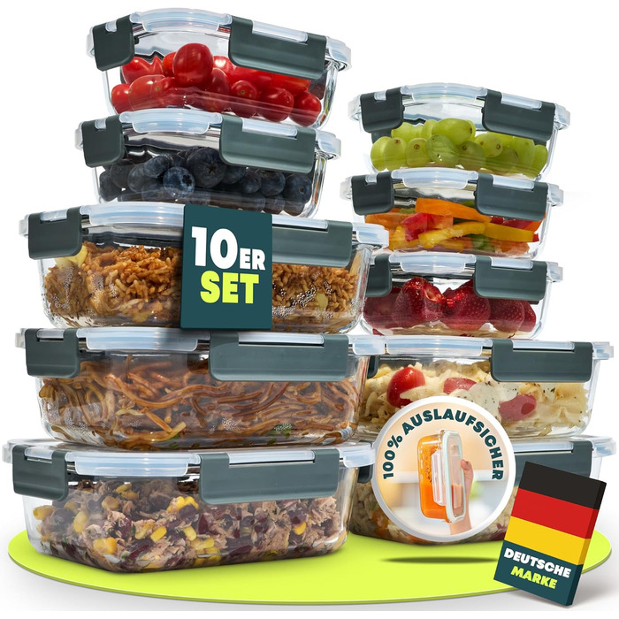 Набір з 10 скляних контейнерів для зберігання продуктів з кришками Uandu