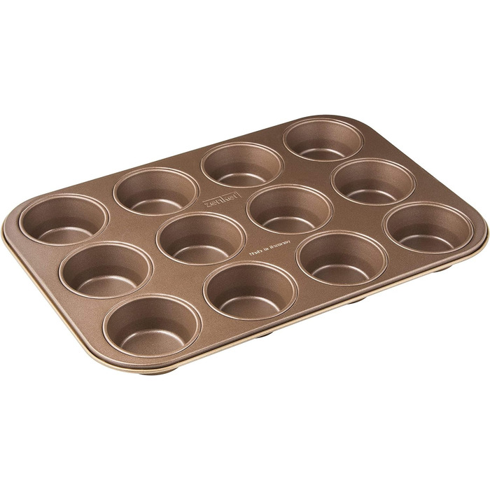 Форма для кексів Zenker 7358 з 12 предметів Ø 7 см MOJAVE GOLD, форма для випікання кексів з листової сталі, деко з армованим керамікою антипригарним покриттям (колір червоне дерево/золото), кількість 38,5 х 26,5 х 3 см