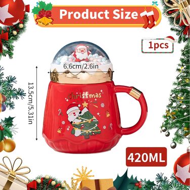 Різдвяний кавовий кухоль 420 мл з декоративною кришкою та ложкою, червоний TSLBW