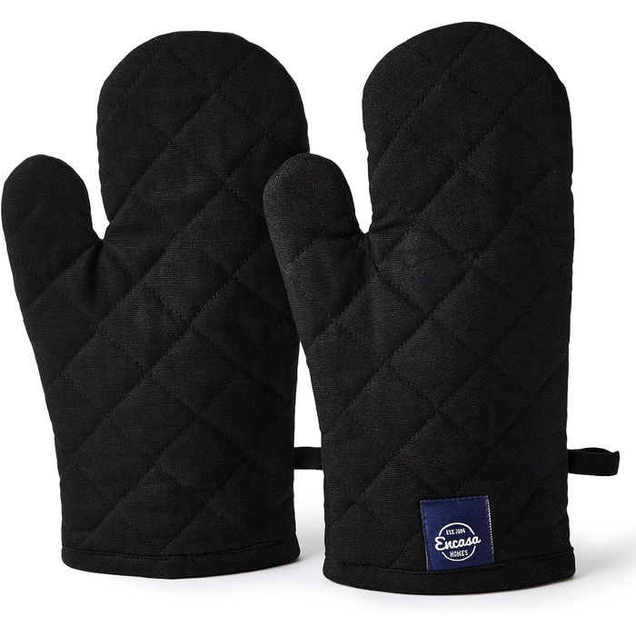 Рукавички для духовки та мікрохвильової печі Encasa Homes Extra Long (2 шт.) для кухні - Силіконові, сріблясті, термостійкі - Захищають руки від гарячого обладнання - (18 x 30 см, суцільний чорний колір)