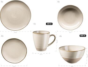 Набір вінтажного посуду MSER серії 931512 Nottingham на 4 персони, комбінований сервіз із 20 предметів із неправильними круглими формами в стилі ретро, керамограніт, бежевий