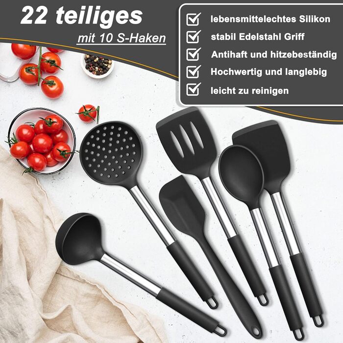 Набір силіконових кухонних гаджетів Herogo, набір столових приборів для приготування чорного кухонного посуду з 22 предметів із тримачем для посуду, термостійке кухонне начиння з ручкою з нержавіючої сталі, антипригарне та здорове