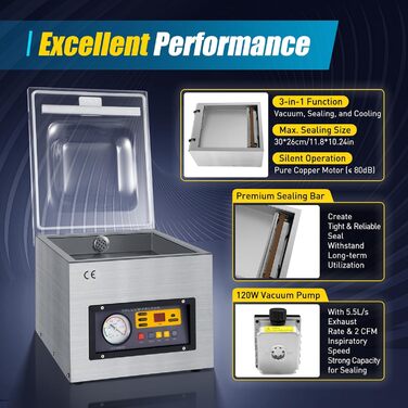 Камерний вакуумний пакувальник з нержавіючої сталі 3-в-1 120 Вт SICHENSH