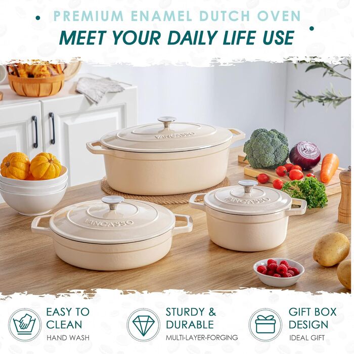 Чавунна сковорода Vancasso, чавунна каструля з кришкою, емальоване покриття об&39ємом 5 л, індукційна запіканка, каструля, чавунна сковорода для всіх типів плит, підходить для індукції, кругла, кремово-біла, 5 л біла (білий, 37 см)