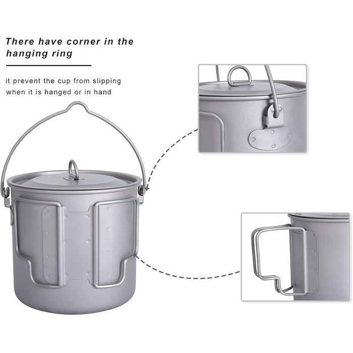Кемпінгова кружка iBasingo Titanium Pot 750 мл / 900 мл / 1100 мл / 1250 мл Підвісний горщик Легкий посуд Портативний кухоль для чаю та кави з водою з кришкою та складною ручкою Посуд для виживання на відкритому повітрі для пікніка для походів (підвісний 