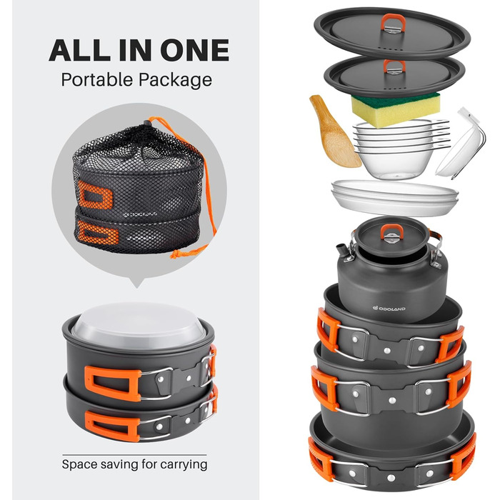 Набор посуды для кемпинга 15 предметов, на 4-5 человек Odoland