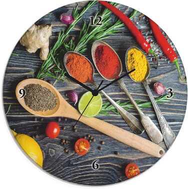 Настінний годинник без цокання Скло Ø 30 см Круглий Безшумний Фрукт Фрукти Апельсин у воді Фрукти Сучасна їжа T5UI (суміш спецій, кварцовий годинник)