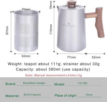 Мл Титановые чайники Чашки Набор с заварочным устройством для рассыпного чая Светлый чайник На открытом воздухе Кемпинг Дорожный чайник Чайный сервиз Пикник Пешие прогулки Сад Офис Домашняя чайная посуда для 4 человек Ti3117D (Ti3116D-380 мл Чайник титано