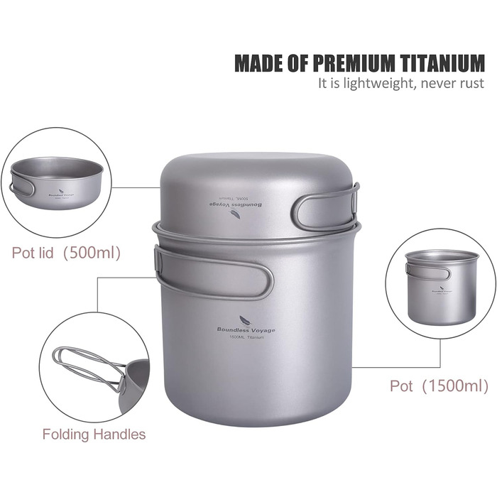 Безмежна подорож Титанова каструля Набір для приготування їжі зі складною ручкою Відкритий кемпінг Пікнік Туристичний кухоль Тарілка Посуд Кухонний набір (Ti2051CC)