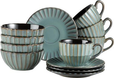 Набор посуды MSER серии 931966 Confino на 4 персоны в современном винтажном стиле, Сервиз для завтрака из 12 предметов из керамики бирюзового цвета с черными акцентами, Сервиз для кофе из керамогранита Teal