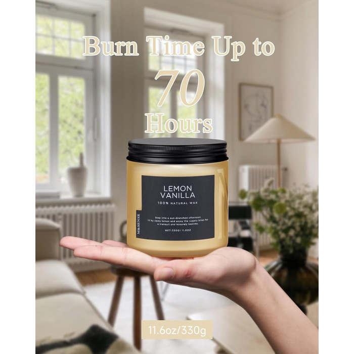 Ароматичні свічки M&SENSE з кавою у скляній банці з 2 гнітами 330 г, час горіння 70 годин, свічка з натурального соєвого воску для спальні, кухні, декору дому, подарункова свічка для чоловіків та жінок, смажена кава (лимон та ваніль)