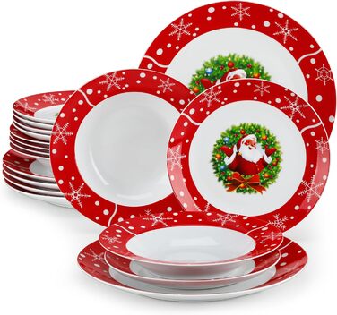Серія 30-предметний порцеляновий різдвяний набір посуду на 6 осіб, різдвяний кавовий сервіз на 6 обідніх тарілок, 6 десертних тарілок, 6 супових тарілок, 6 кавових чашок та 6 блюдець (Санта Клаус, обідній сервіз на 18 осіб)