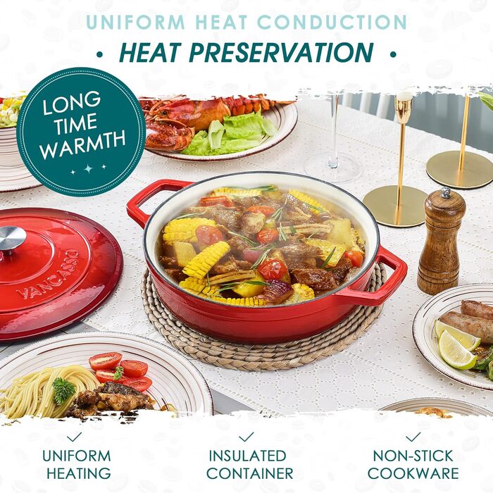 Чавунна овальна емальована каструля Vancasso об&39ємом 6 л з кришкою, поживна та смачна для дому, ресторану, готелю, духовки, 30 x 13 см (червона, 28 x 7 см)
