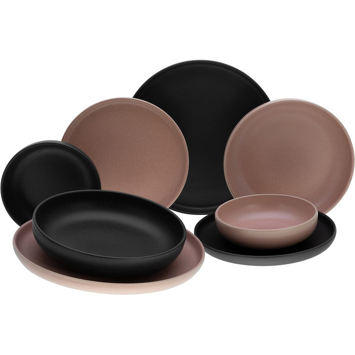 Серія Uno набір посуду з 16 предметів, комбінований набір з кераміки (троянда чорний, столовий сервіз 8 предметів), 22978