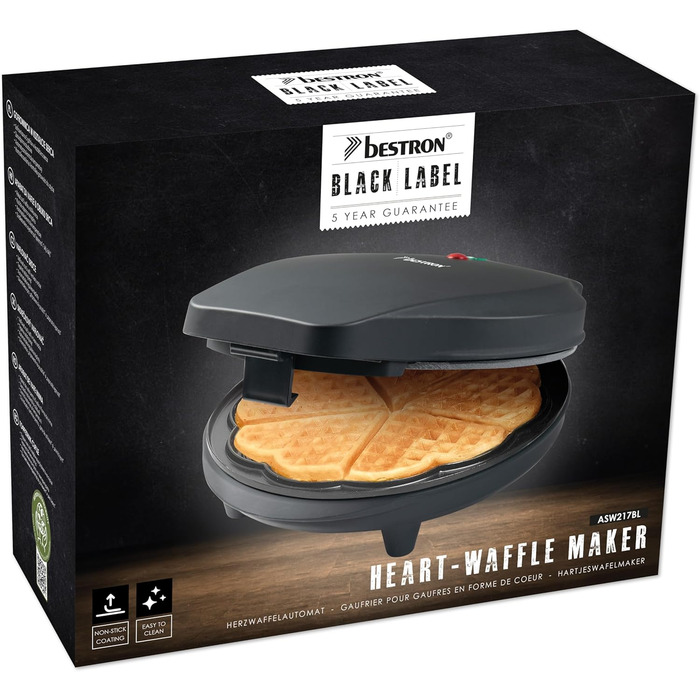 Вафельниця Bestron для класичних вафель у формі серця, вафельниця у формі серця з антипригарним покриттям та підсвічуванням випікання, вафельниця з колекції Sweet Dreams, 700 Вт, колір (матовий чорний)