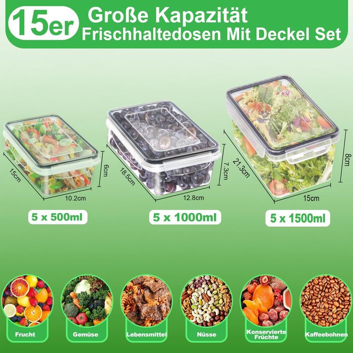 Набір Kottwca, набір Tupperware із 30 предметів (15 контейнерів 15 кришок), кухонні коробки для приготування їжі, 100 герметичні, без бісфенолу А, контейнер для зберігання продуктів для мікрохвильової печі та холодильника (набір з 15 великої місткості)