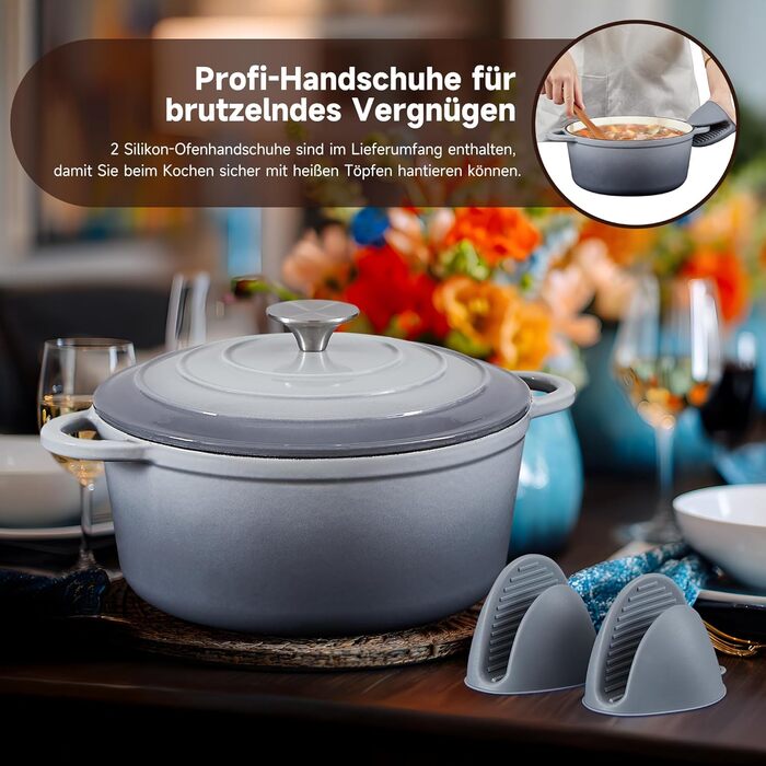 Чавунна форма для запікання 24 см, емальована з кришкою, включаючи 1 пару силіконових рукавиць Nilpferd