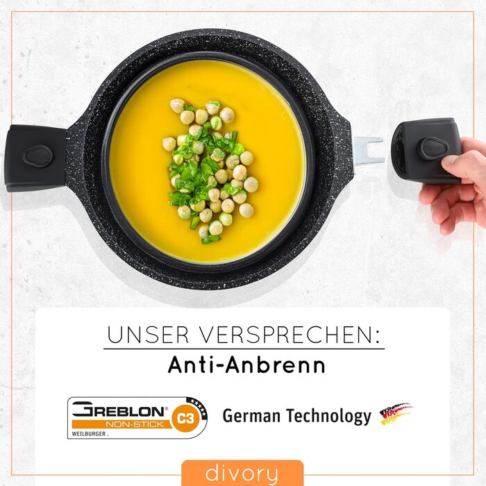 Кастрюля 20 см со съемными ручками и крышкой, черная DIVORY