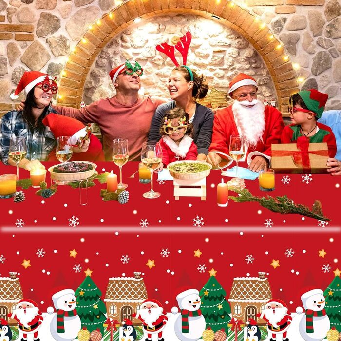 Різдвяні скатертини, одноразові різдвяні скатертини, великі прямокутні скатертини у формі Санта-Клауса, сніговика, обідні скатертини для різдвяної вечірки (137 x 274 см) (червоний фон сніговик), 2