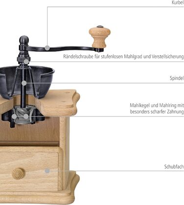 Ручна кавомолка Zassenhaus BRASILIA Бук 12 x 12,5 x 20 см для помелу кавових зерен Плавне регулювання помелу з оригінальною кавомолкою Zassenhaus (чорний бук)