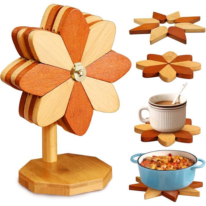 Набір з 4 дерев'яних підставок під гаряче з тримачем у формі вітряка, 5 предметів Qnynnty
