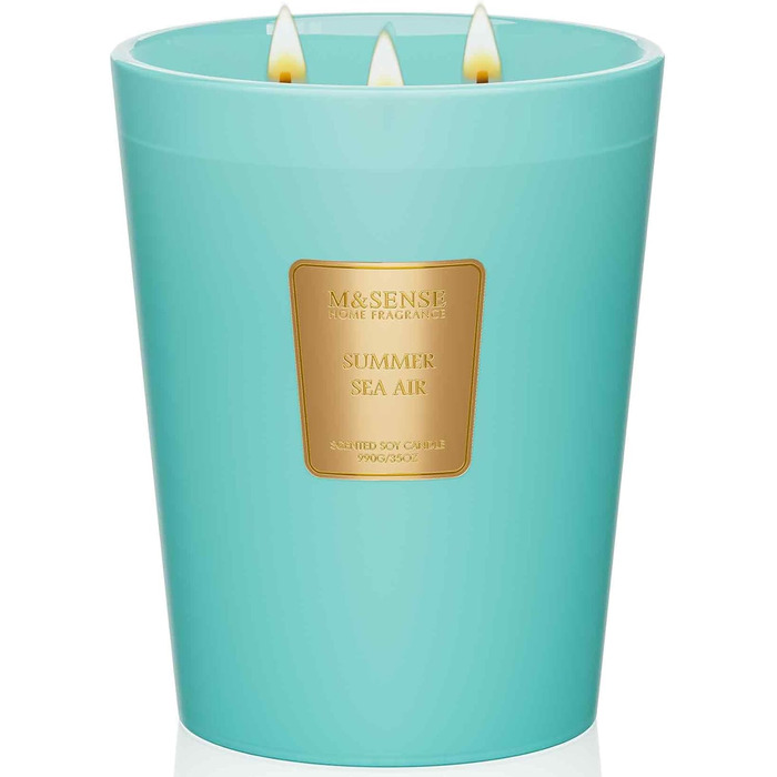Ароматична свічка M&SENSE надзвичайно велика, час горіння 150 годин, натуральна ароматерапевтична свічка з 3 гнітами, сильний аромат, тривале горіння, подарункова свічка та прикраса для дому, подарунки для жінок (990 г, літній морський бриз)