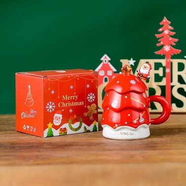 Кавовий кухоль 400 мл Різдвяна ялинка з кришкою та паличкою для перемішування, червоний YDoLimmer