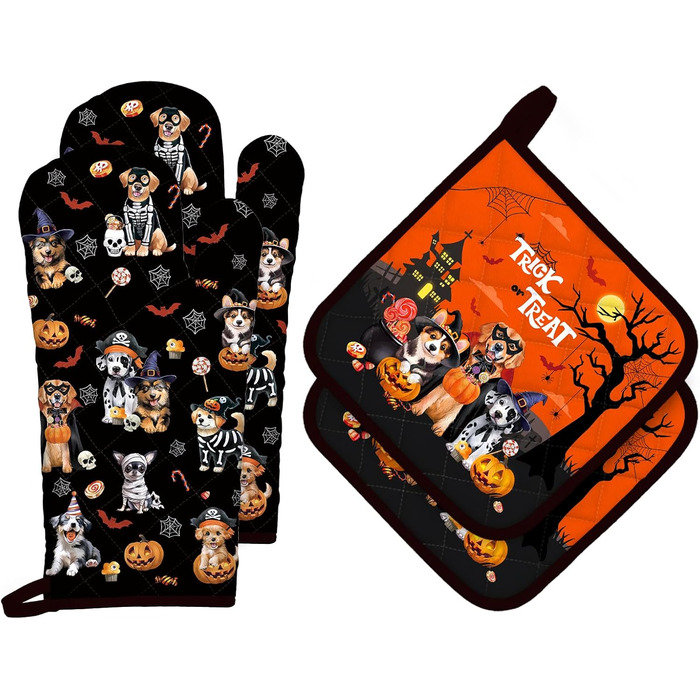 Різдвяний набір із 2 рукавичок для духовки та прихваток Arquiel, 100 бавовняні кулінарні рукавички, термостійкі кухонні рукавички для приготування їжі, різдвяні подарунки на кухню для жінок (Хелловін 02, рукавички для духовки*2 прихватки*2)