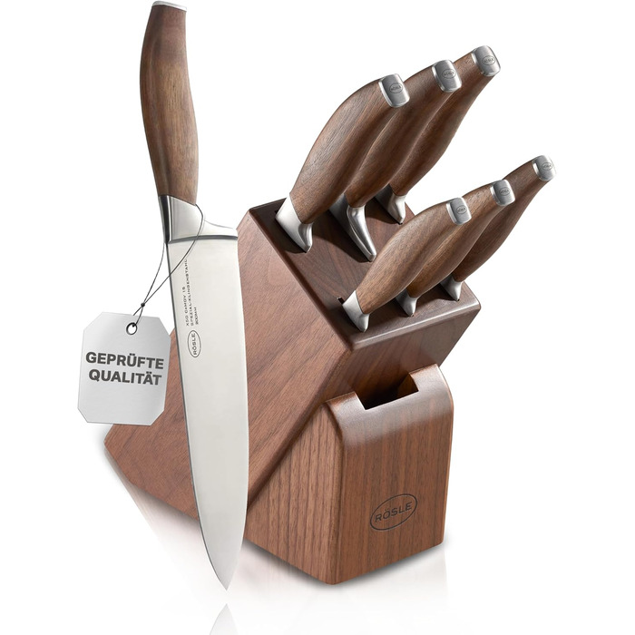 Блок ножів RSLE Basic Line - Високоякісний 6-предметний бамбуковий блок ножів з 5 кухонними ножами, набором гострих ножів зі спеціальної сталі та ергономічними ручками. Базовий 6-предметний блок ножів (7-предметний блок ножів Passion)