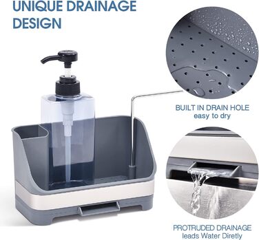 Органайзер для посуду APEXCHASER, дозатор мила з тримачем для губки, органайзер для раковини з нержавіючої сталі, мийка з нержавіючої сталі, кухонний органайзер з дозатором мила, піддон для крапель для кухні