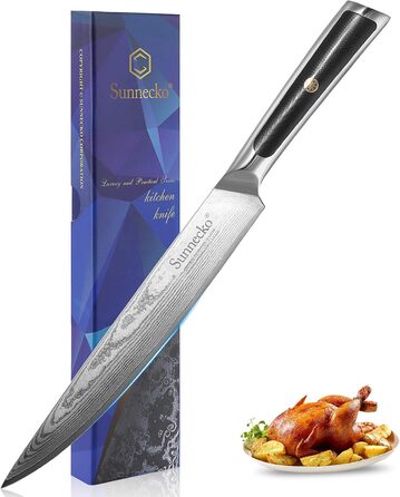 Ніж для хліба Sunnecko 20 см із зазубреним краєм, дамаський ніж для хліба, гострий кухонний ніж з лезом з дамаської сталі, ніж для різання хліба з ручкою G10
