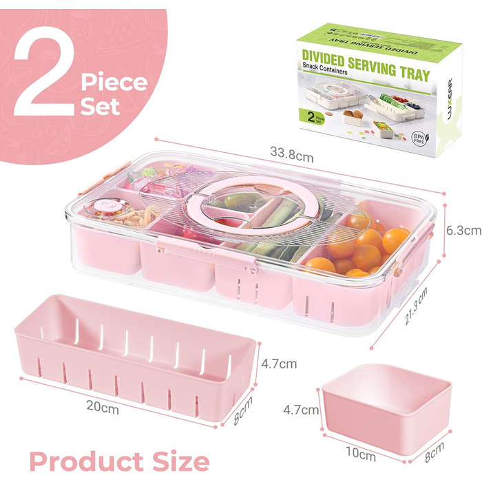 Коробка для снеків Luxear з 14 відділеннями, тарілка для снеків з кришкою та ручкою, багаторазова миска для снеків для дітей, органайзер для снеків, горіхів, фруктів, спецій, для вечірки-пікніка, можна мити в посудомийній машині, білий (рожевий, 2 комплек
