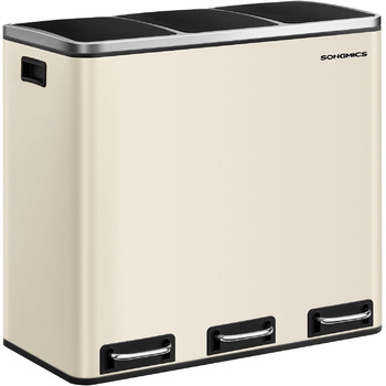 Кухонний кошик для сміття, 3 x 18 л, система розділення сміття, 3 відділення, включаючи 15 мішків для сміття, відро для сміття, відро для сміття на педалі, для перероблених відходів, органічних відходів, з кришкою, LTB54BK (пісочно-бежевий)