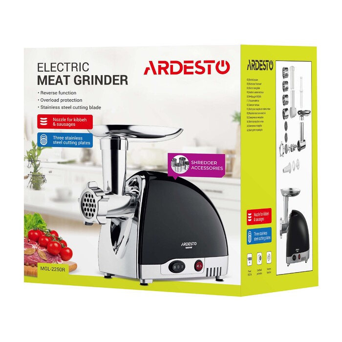 ARDESTO М'ясорубка, 1800Вт, продук.-2кг/хв, 3 решітки + для ковб., кеббе, 4 терки, пластик, чорно-сріблястий
