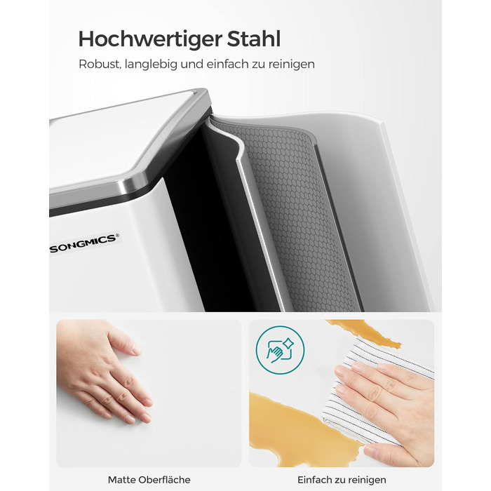 Кухонний контейнер для сміття SONGMICS, 3 x 18 л, система розділення сміття, 3 відділення, включаючи 15 мішків для сміття, відро для сміття, відро для сміття з педаллю, для вторинної переробки, органічні відходи, з кришкою, LTB54BK (білий хмара)