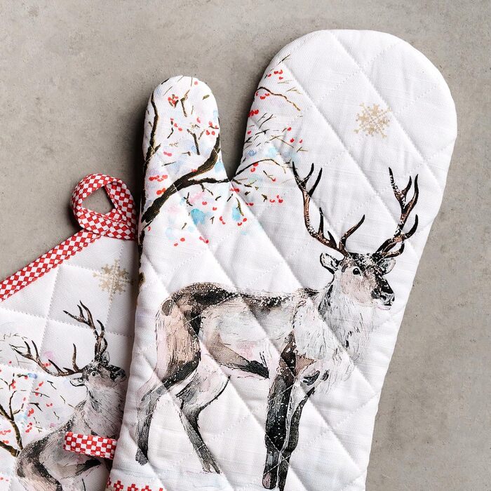 Рукавички для духовки, прихватки для каструль Maison d&39 Hermine, 100 бавовна, термостійкі кухонні рукавички, рукавички для духовки (19 x 33 см) та прихватки для каструль (20 x 20 см) для приготування їжі, Морзін - Рукавички для духовки (19 x 33 см) та п