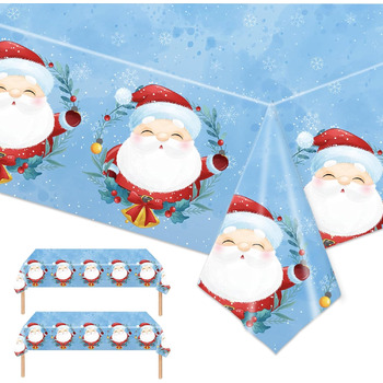 Різдвяні скатертини, одноразові різдвяні скатертини, великі прямокутні скатертини у формі Санта-Клауса, сніговика, обідні скатертини для різдвяної вечірки (137 x 274 см) (синій фон Санта-Клаус), 2