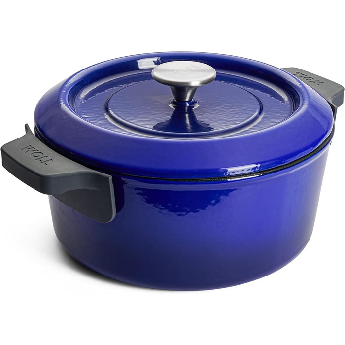 Чавунна каструля синього кольору з кришкою та силіконовими ручками 24 см Woll