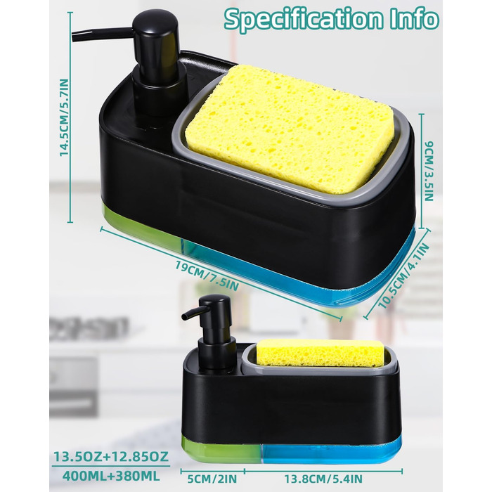 Кухонний набір з дозатором рідини для миття посуду, кухонний дозатор для мила з лотком і тримачем для губки, засіб для миття багаторазового використання, підходить для кухонної мийки (дозатор для мила 3 в 1 чорний)