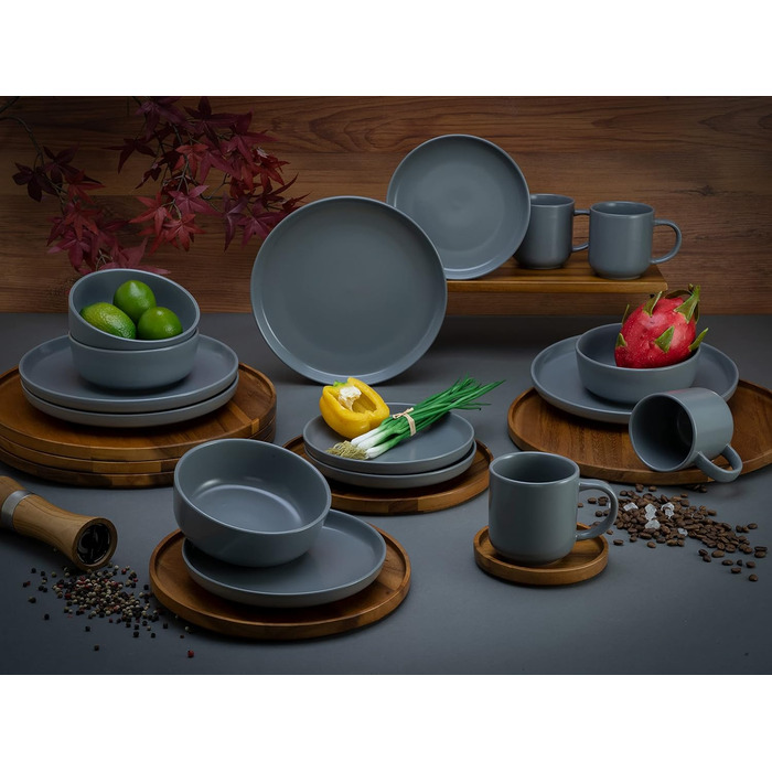 Набір посуду на 4 персони, 16 предметів, сірий матовий Nordic Creatable