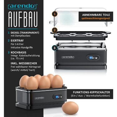 Яйцеварка из нержавеющей стали с функцией поддержания тепла - Тумблер функций со световой индикацией - Свободно выбираемая степень твердости - Матовая нержавеющая сталь - Не содержит бисфенола А - в холодном сером цвете (C черный)