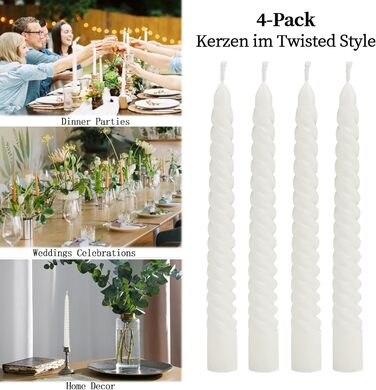 Набір з 4 конічних спіральних свічок 2 x 20 см, білий Bolosa